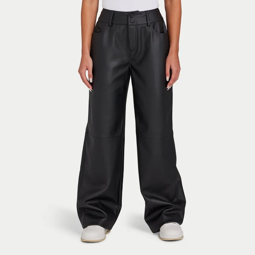 Rewear womens faux leather wide leg trouser – black Rewear womens faux leather wide leg trouser – black
