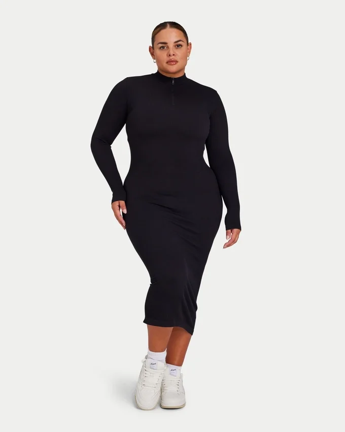 Womens base long sleeve midi dress – black Womens base long sleeve midi dress – black