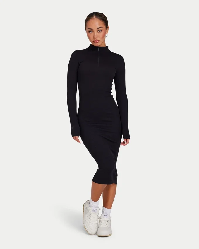 Womens base long sleeve midi dress – black Womens base long sleeve midi dress – black