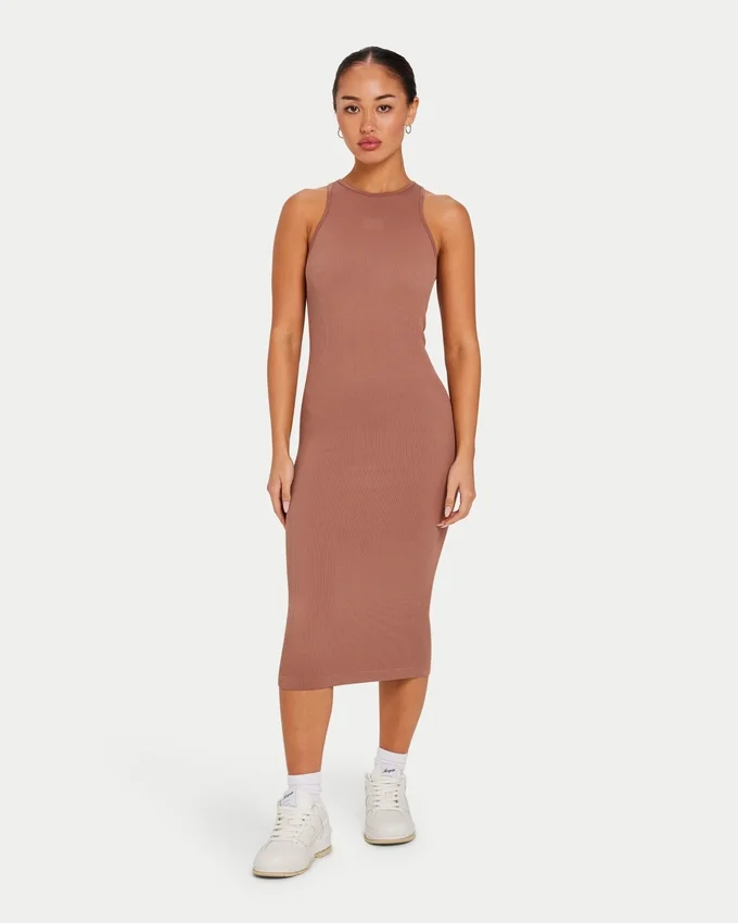 Womens base racer midi dress – acorn brown Womens base racer midi dress – acorn brown