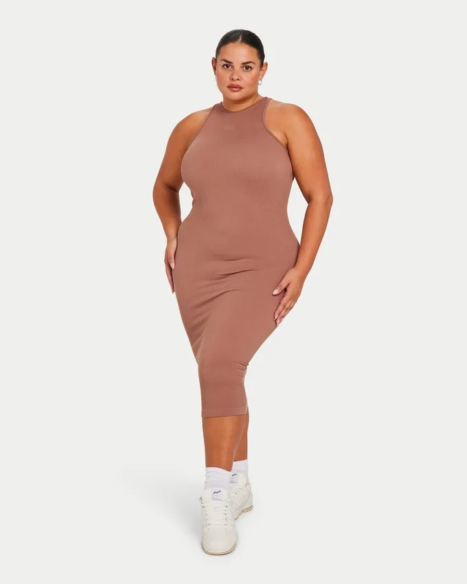 Womens base racer midi dress – acorn brown Womens base racer midi dress – acorn brown